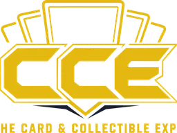 Gyldent logo for The Card & Collectible Expo med stiliserede samlekort.