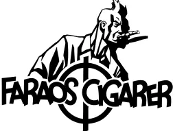 Faraos Cigarers sort-hvide logo med en tegnet figur over navnet.