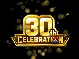 Gyldent Pokémon-jubilæumsbanner med teksten 30th Celebration på sort baggrund.