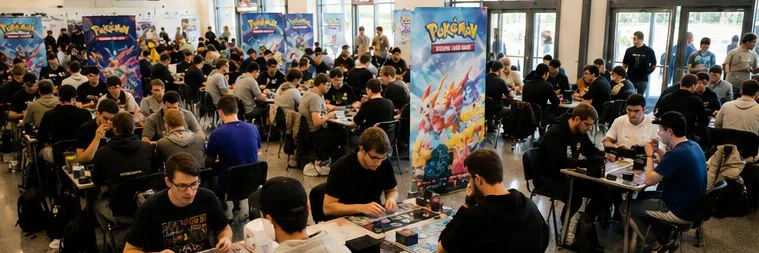 Illustrationsfoto med Pokémon-spillere ved borde i en hal.