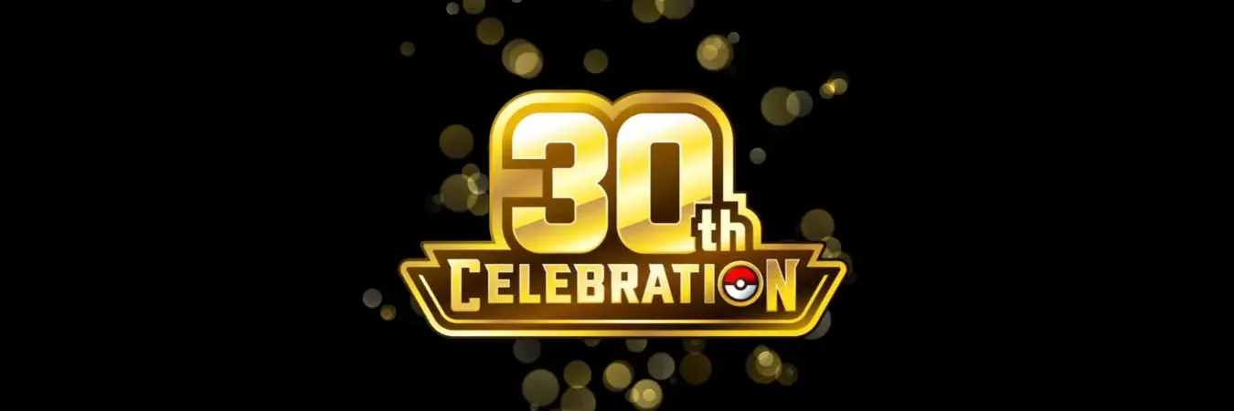 Gyldent Pokémon-jubilæumsbanner med teksten 30th Celebration på sort baggrund.