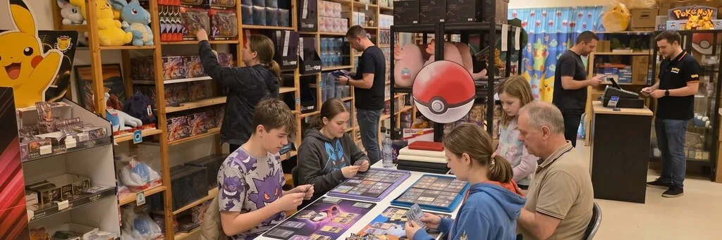 Børn og voksne med Pokémon-kort ved et bord i Papklubben.