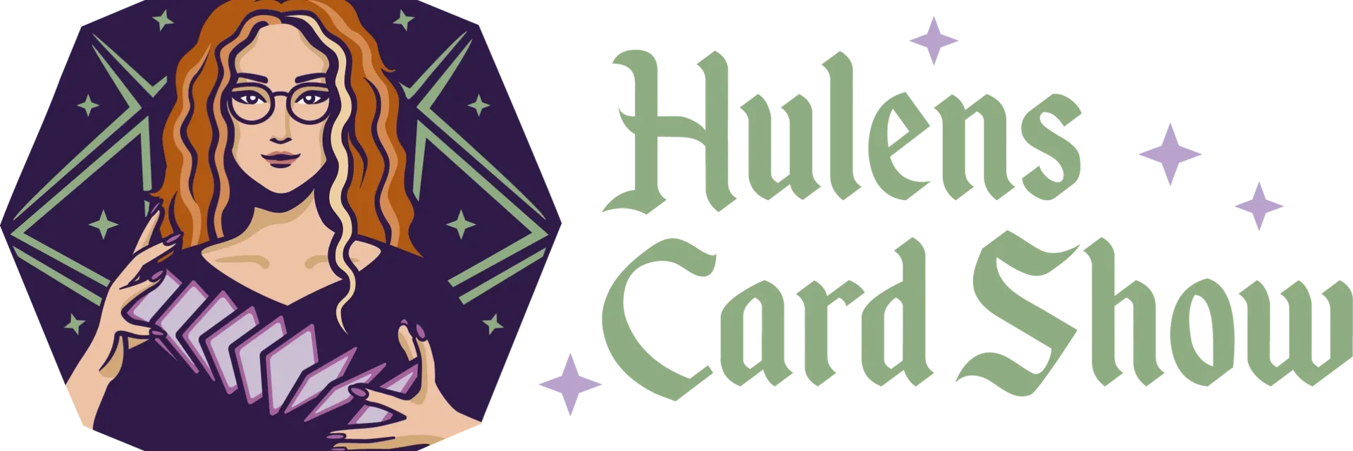 Logo for Hulens Card Show med en illustreret figur, som holder samlekort.