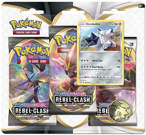 Pokemon Blister Pack - 3-Pack: 3 Sword & Shield: Rebel Clash Booster Pakker + Pokemon Mønt & Duraludon Black Star Promo