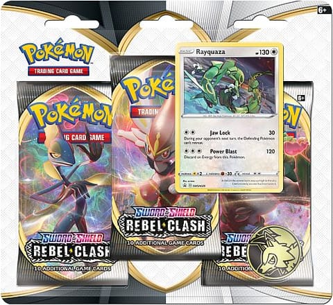 Pokemon Blister Pack - 3-Pack: 3 Sword & Shield: Rebel Clash Booster Pakker + Pokemon Mønt & Rayquaza Black Star Promo